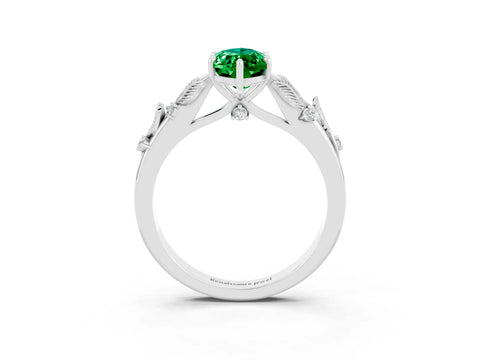 White gold Marquise Cut Emerald Solitaire Ring with Leaf Motif Band and Four-Prong Setting_3