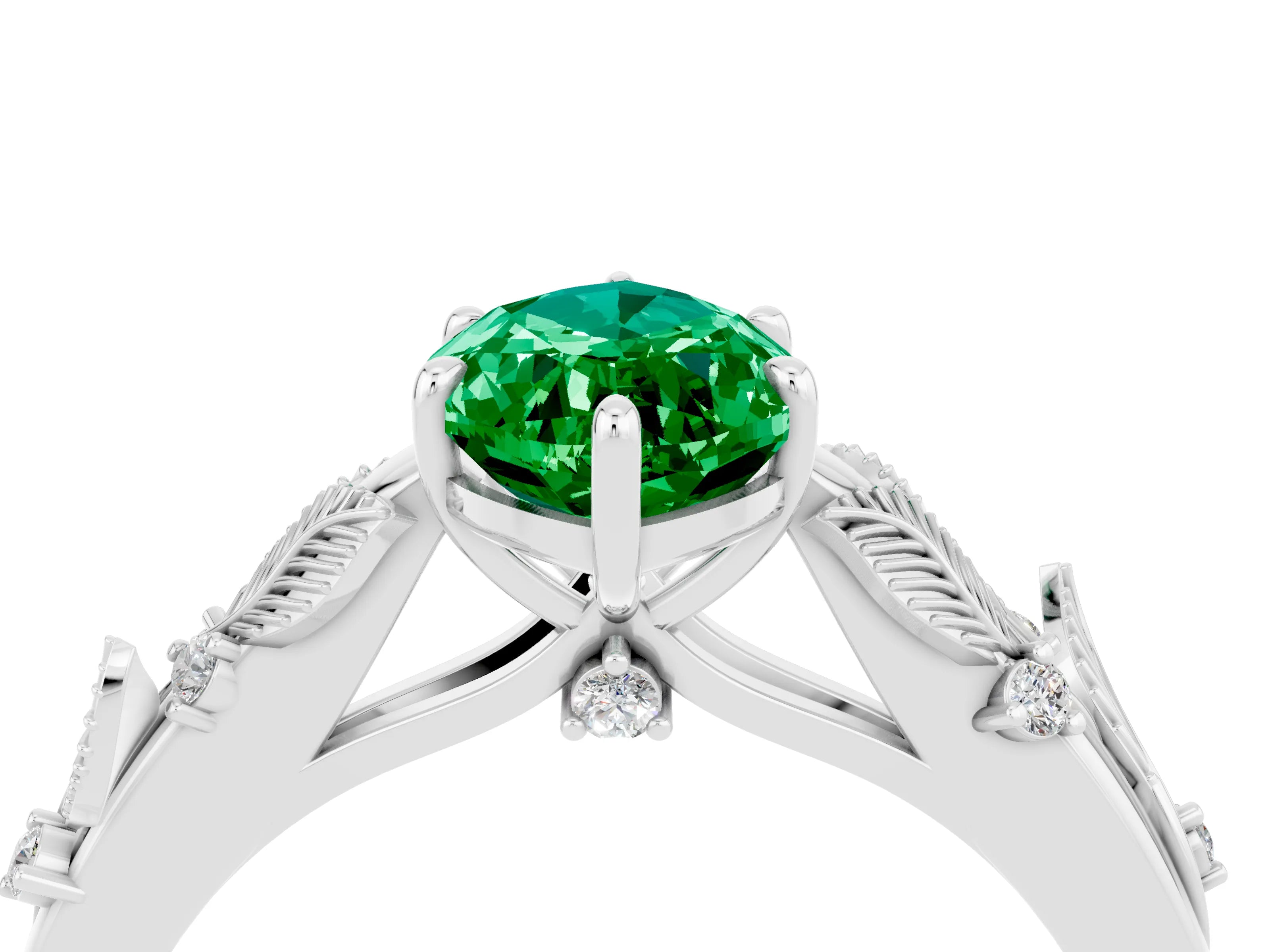 White gold Marquise Cut Emerald Solitaire Ring with Leaf Motif Band and Four-Prong Setting_4