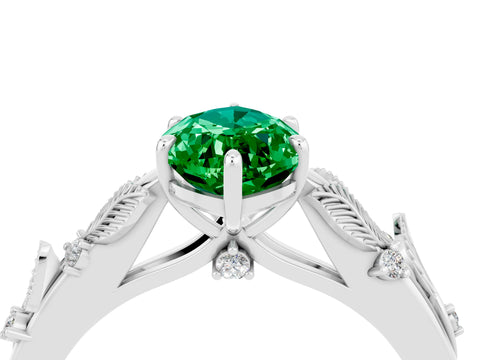 White gold Marquise Cut Emerald Solitaire Ring with Leaf Motif Band and Four-Prong Setting_4