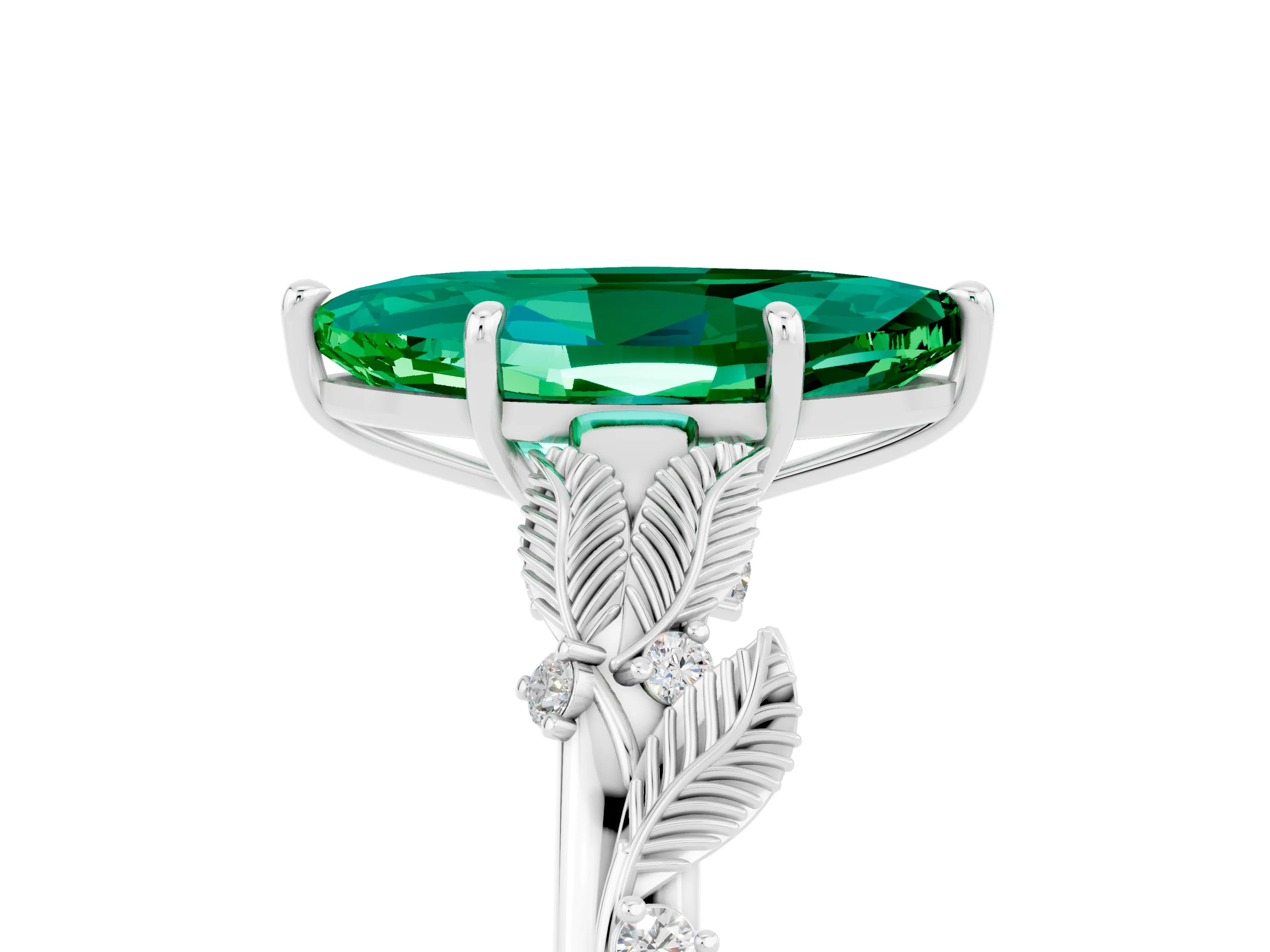 White gold Marquise Cut Emerald Solitaire Ring with Leaf Motif Band and Four-Prong Setting_5