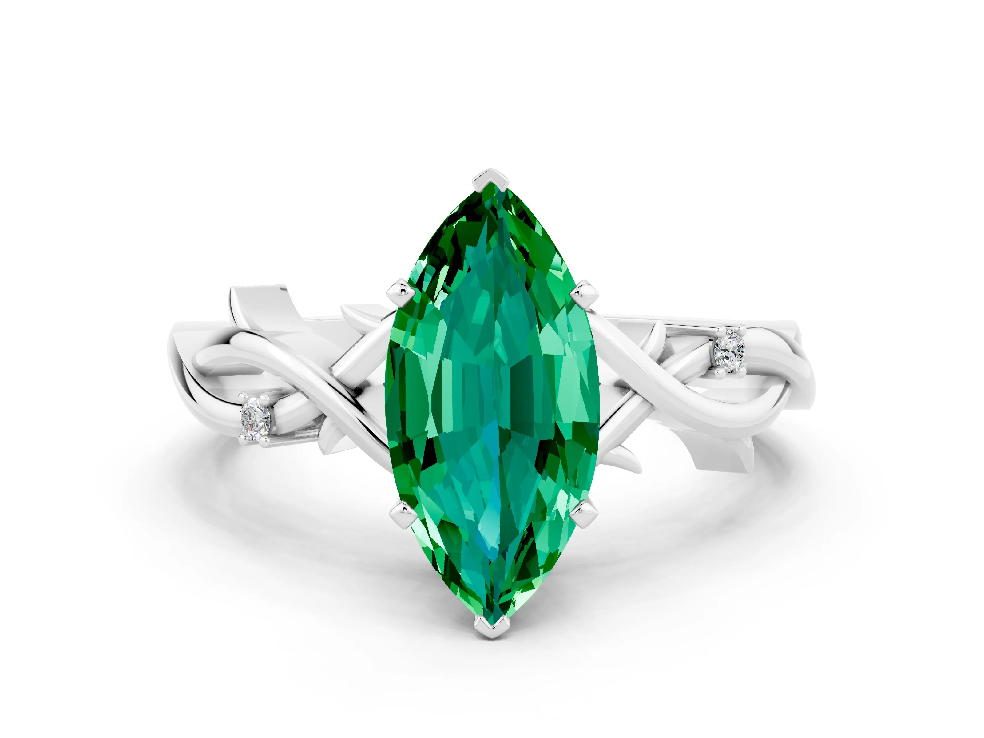 White gold Marquise Cut Emerald Solitaire Ring with Milgrain Pavé Band and Four-Prong Setting_12