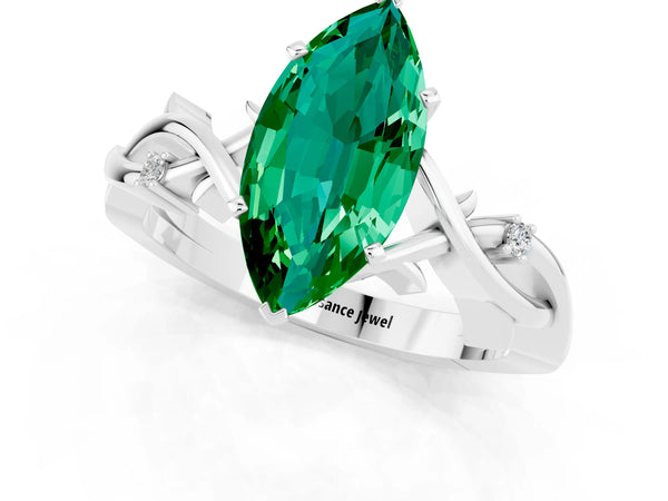 Platinum Marquise Cut Emerald Solitaire Ring with Milgrain Pavé Band and Four-Prong Setting