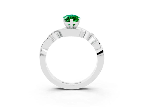 Platinum Marquise Cut Emerald Solitaire Ring with Milgrain Pavé Band and Four-Prong Setting