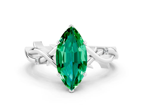 White gold Marquise Cut Emerald Solitaire Ring with Milgrain Pavé Band and Four-Prong Setting_36