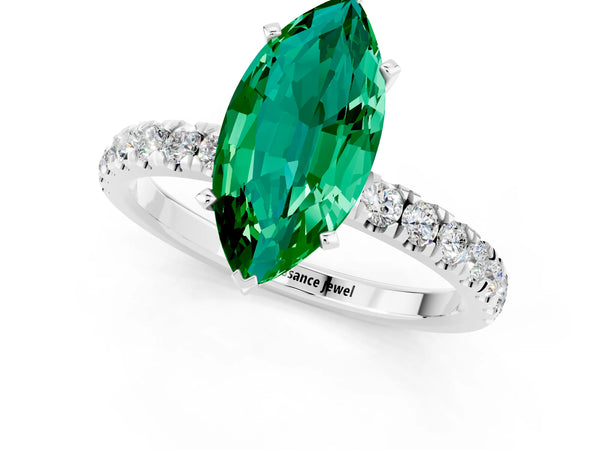 White gold Marquise Cut Emerald Solitaire Ring with Pavé Accents and Four-Prong Setting
