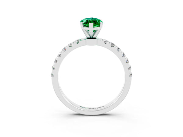 White gold Marquise Cut Emerald Solitaire Ring with Pavé Accents and Four-Prong Setting