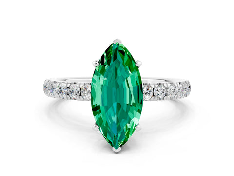 White gold Marquise Cut Emerald Solitaire Ring with Pavé Accents and Four-Prong Setting
