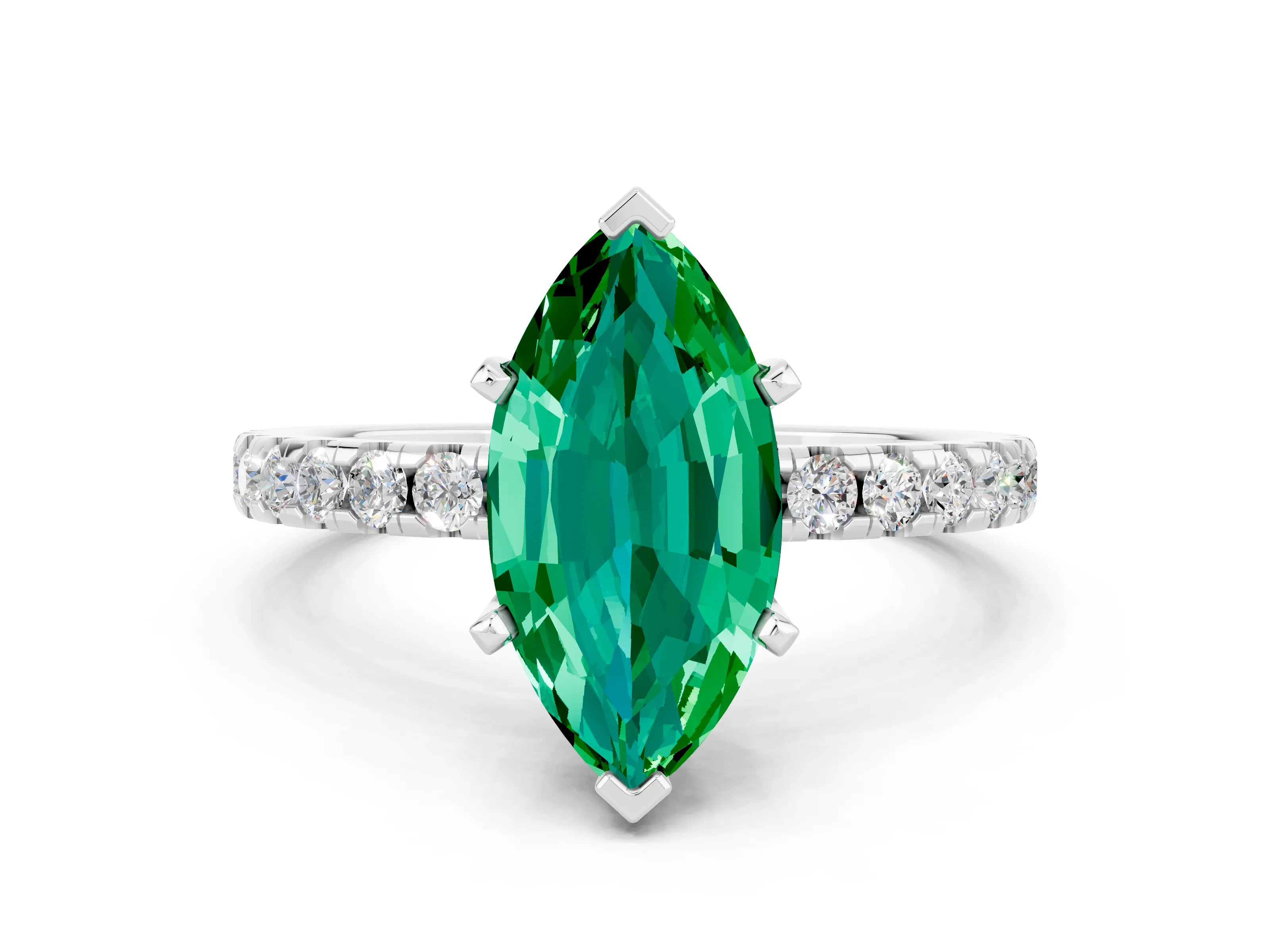 White gold Marquise Cut Emerald Solitaire Ring with Pavé Band and Four-Prong Setting_24