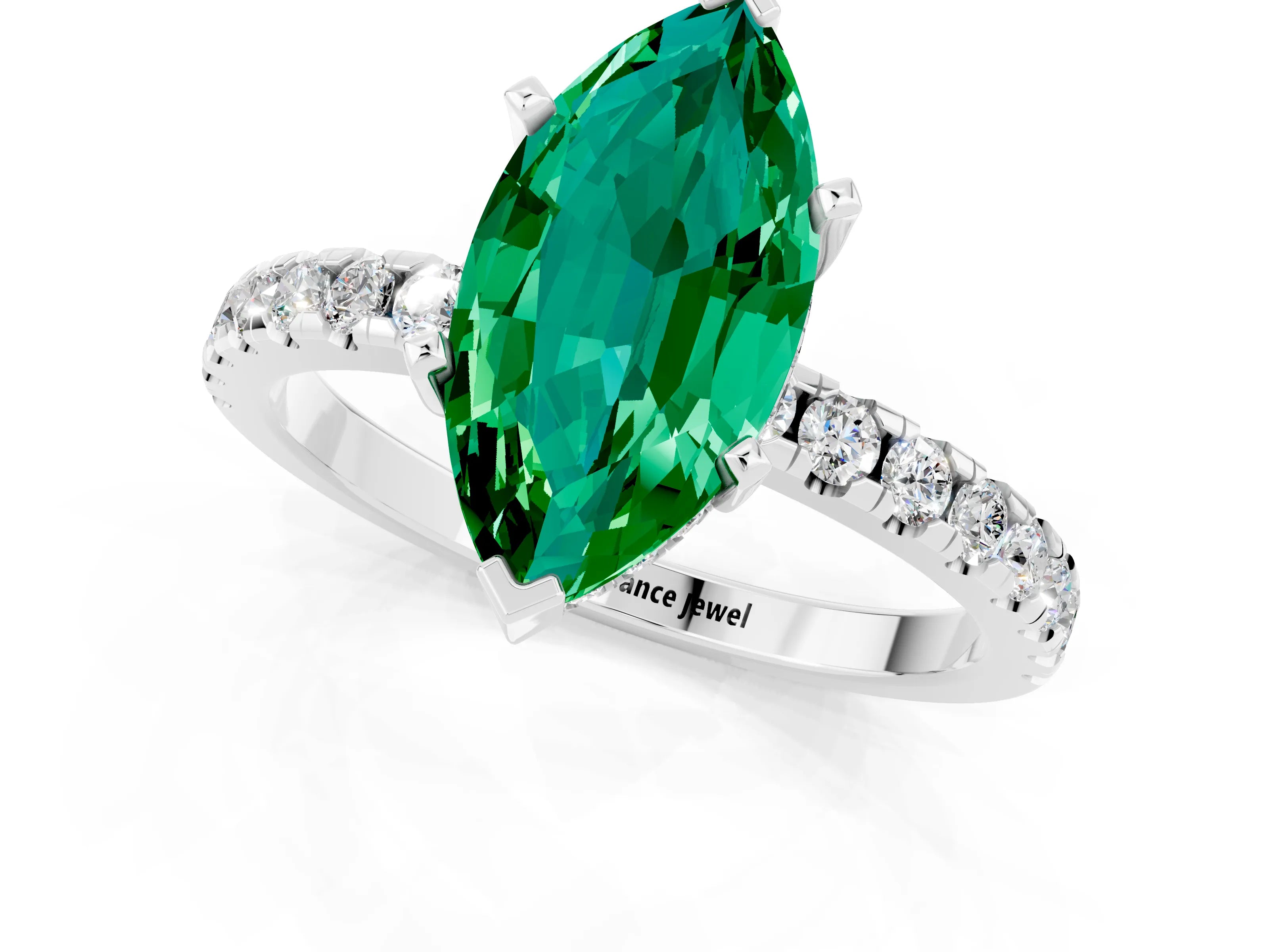White gold Marquise Cut Emerald Solitaire Ring with Pavé Band and Four-Prong Setting_25