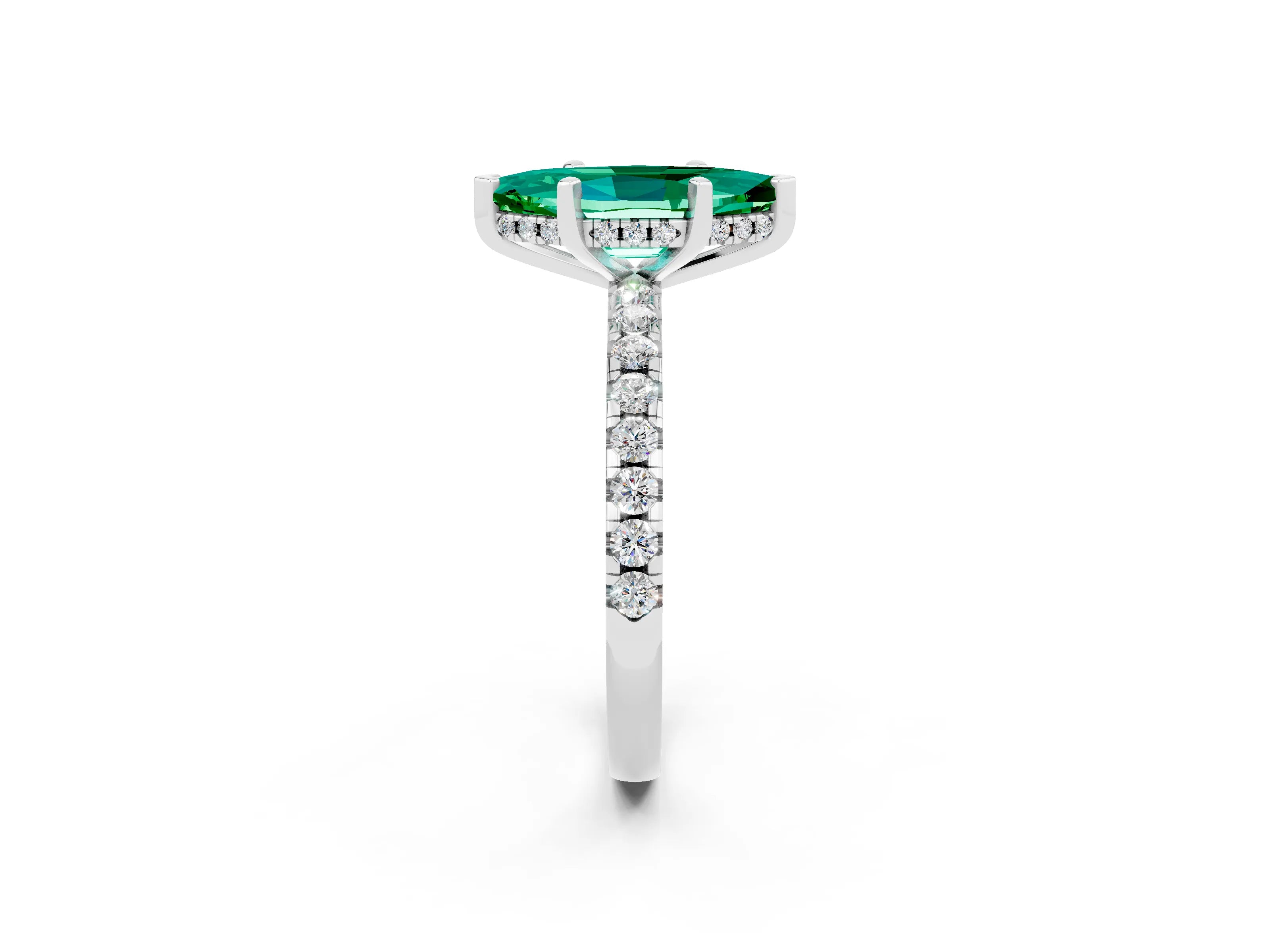 White gold Marquise Cut Emerald Solitaire Ring with Pavé Band and Four-Prong Setting_26