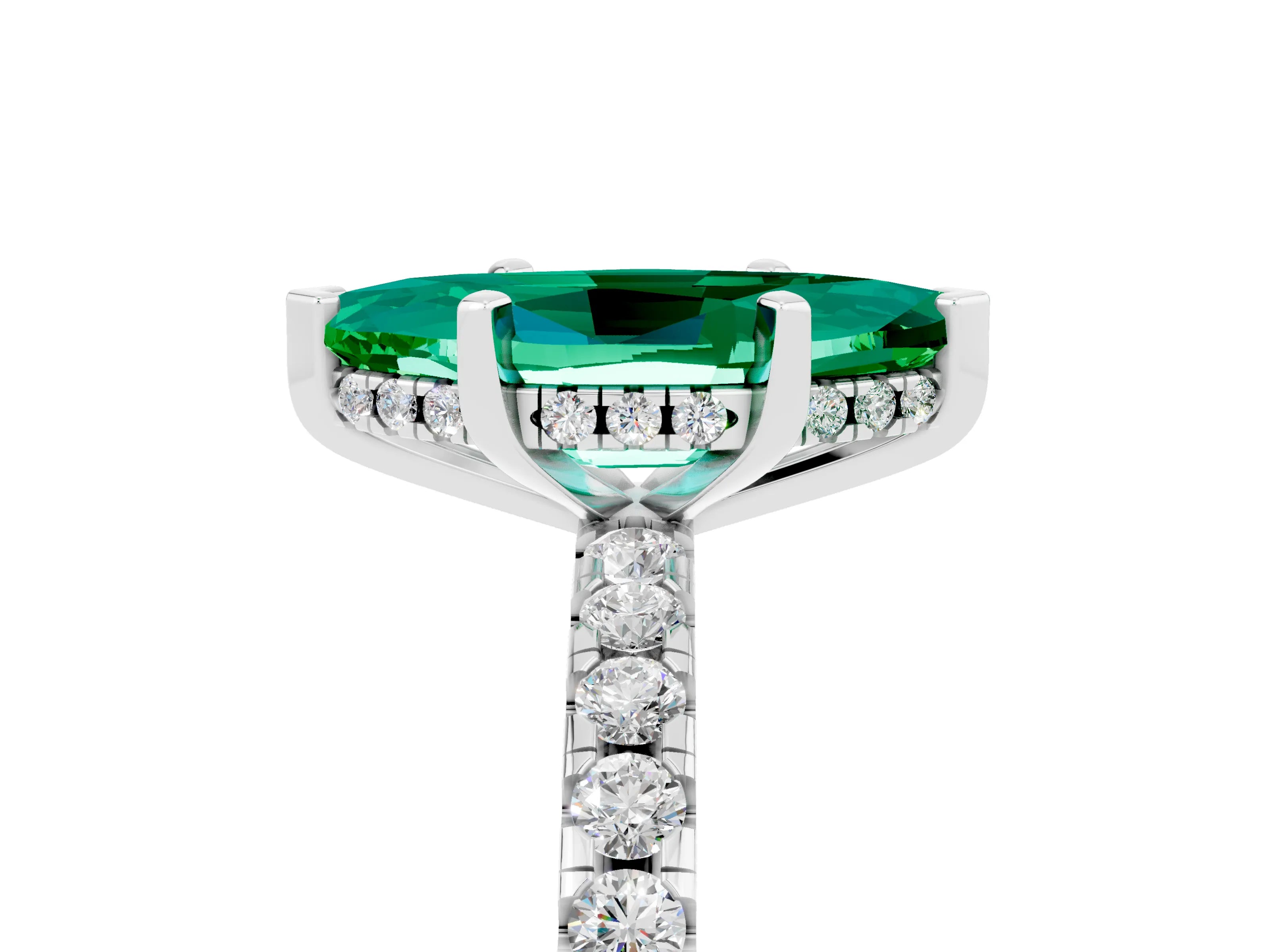 White gold Marquise Cut Emerald Solitaire Ring with Pavé Band and Four-Prong Setting_29