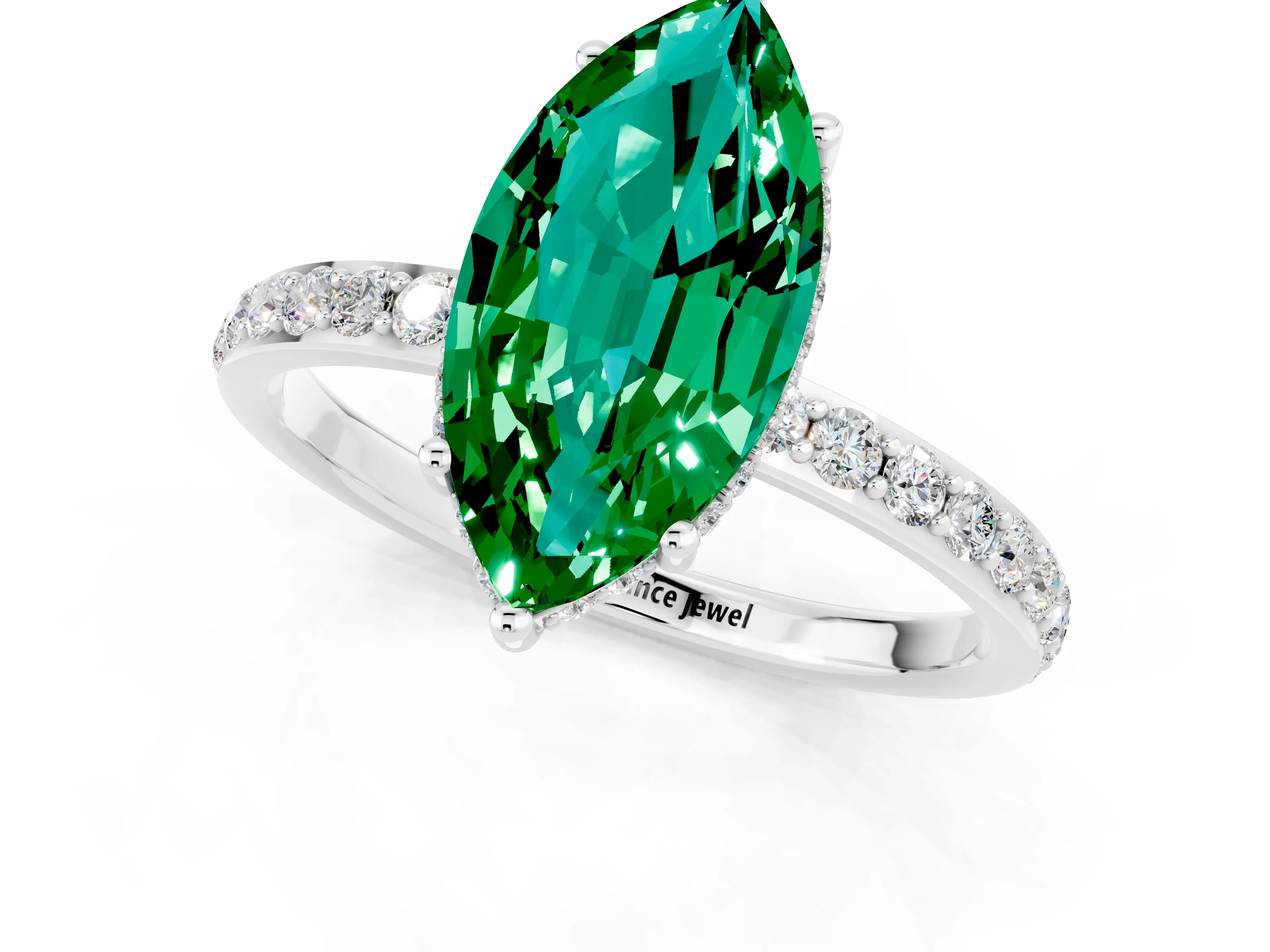 White gold Marquise Cut Emerald Solitaire Ring with Pavé Band and Hidden Halo_1