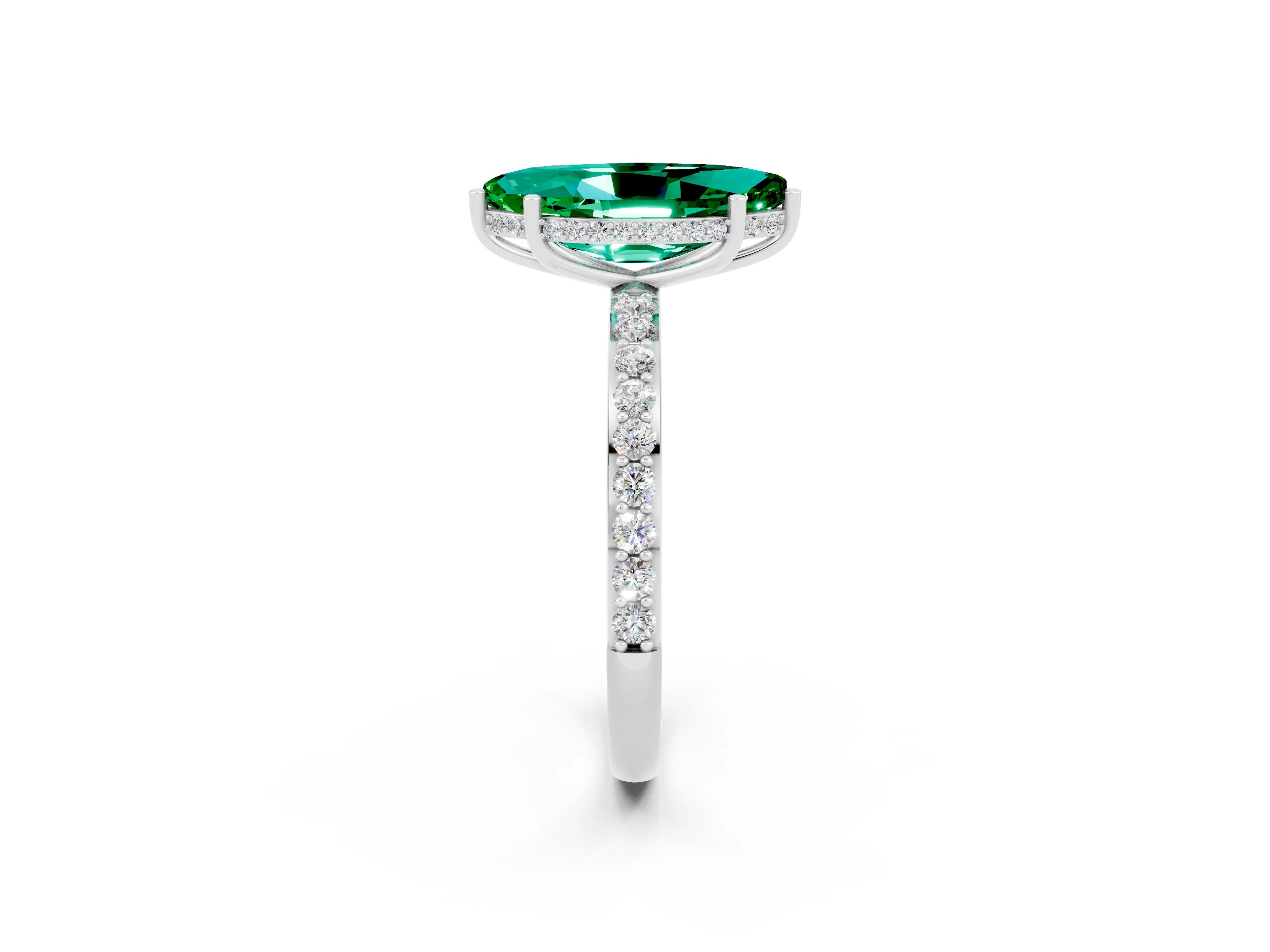 White gold Marquise Cut Emerald Solitaire Ring with Pavé Band and Hidden Halo_26