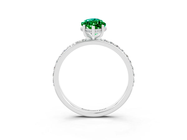White gold Marquise Cut Emerald Solitaire Ring with Pavé Band and Hidden Halo