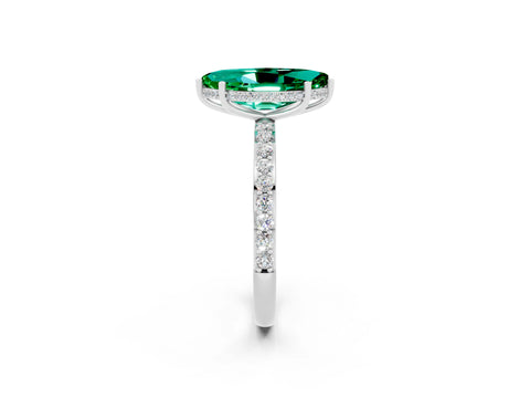 White gold Marquise Cut Emerald Solitaire Ring with Pavé Band and Hidden Halo_2
