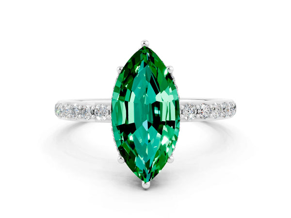 Silver Marquise Cut Emerald Solitaire Ring with Pavé Band and Hidden Halo