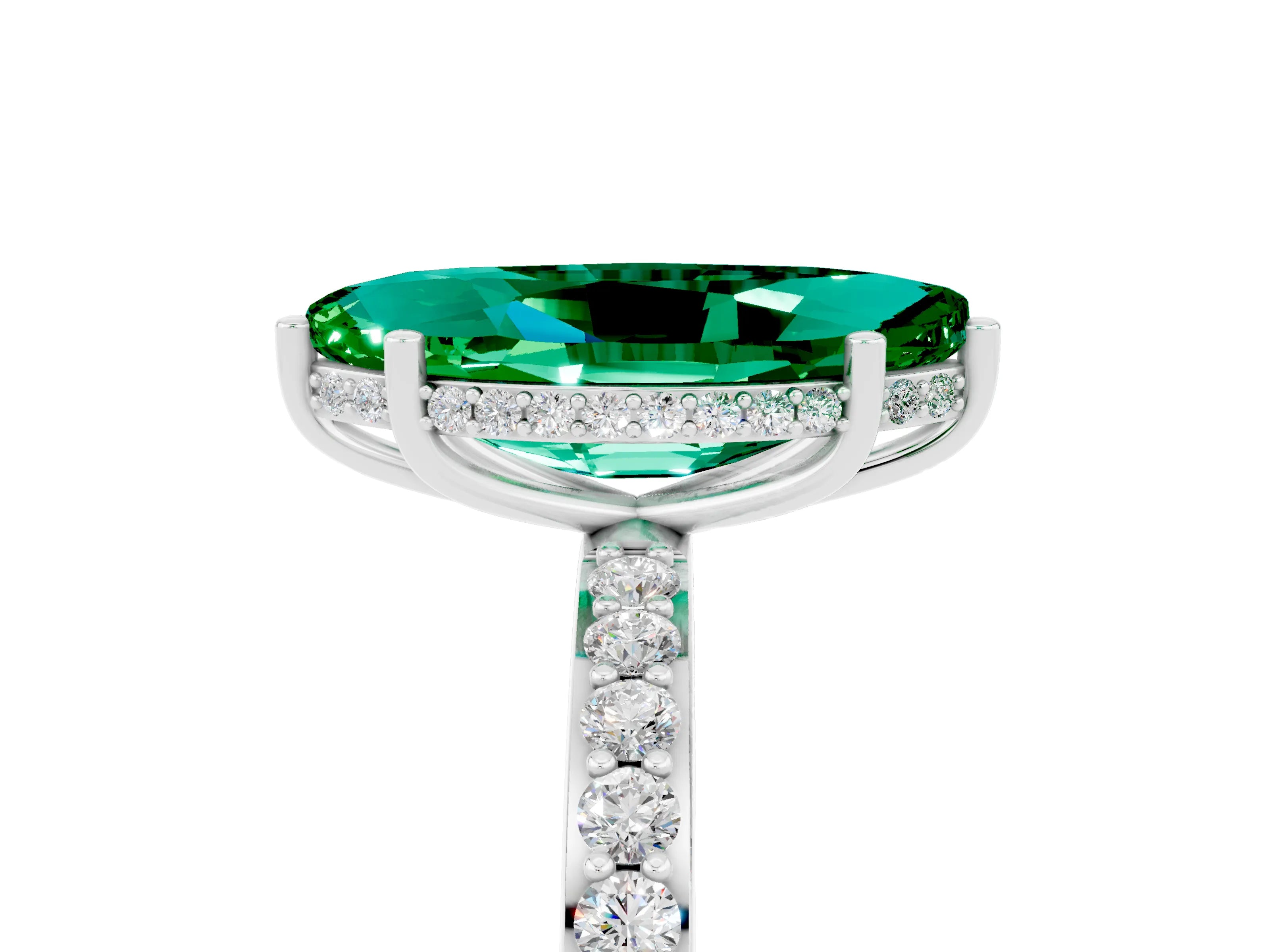 White gold Marquise Cut Emerald Solitaire Ring with Pavé Band and Hidden Halo_5