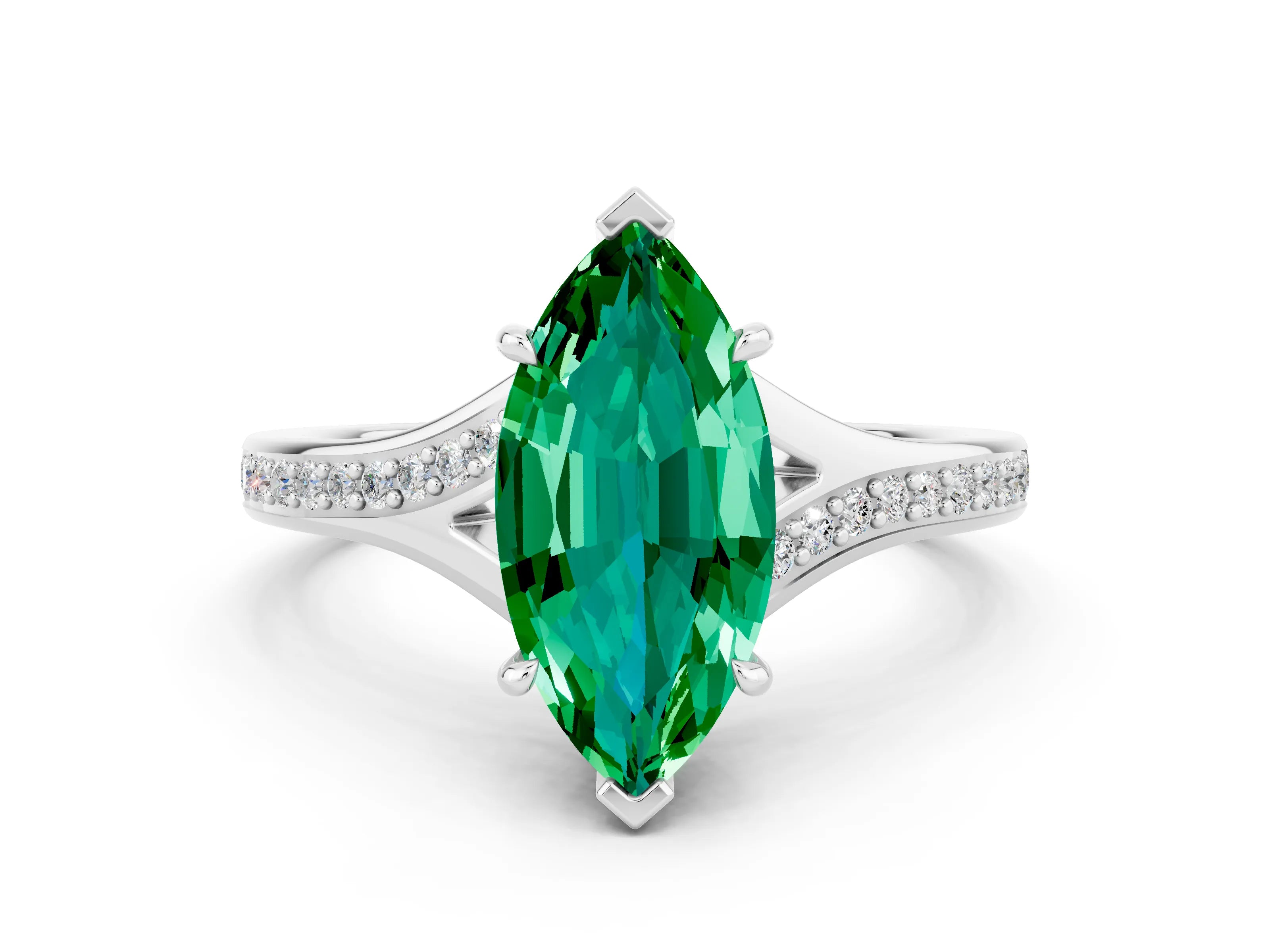 White gold Marquise Cut Emerald Solitaire Ring with Pavé Band and Prong Setting_12