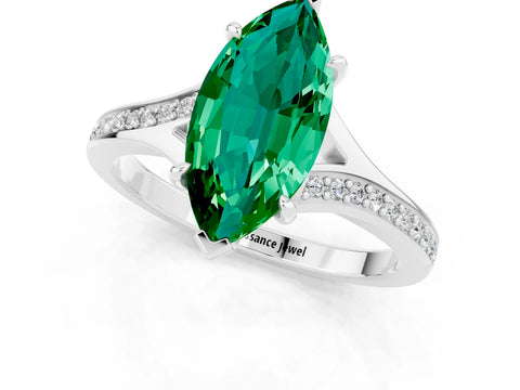 White gold Marquise Cut Emerald Solitaire Ring with Pavé Band and Prong Setting_13