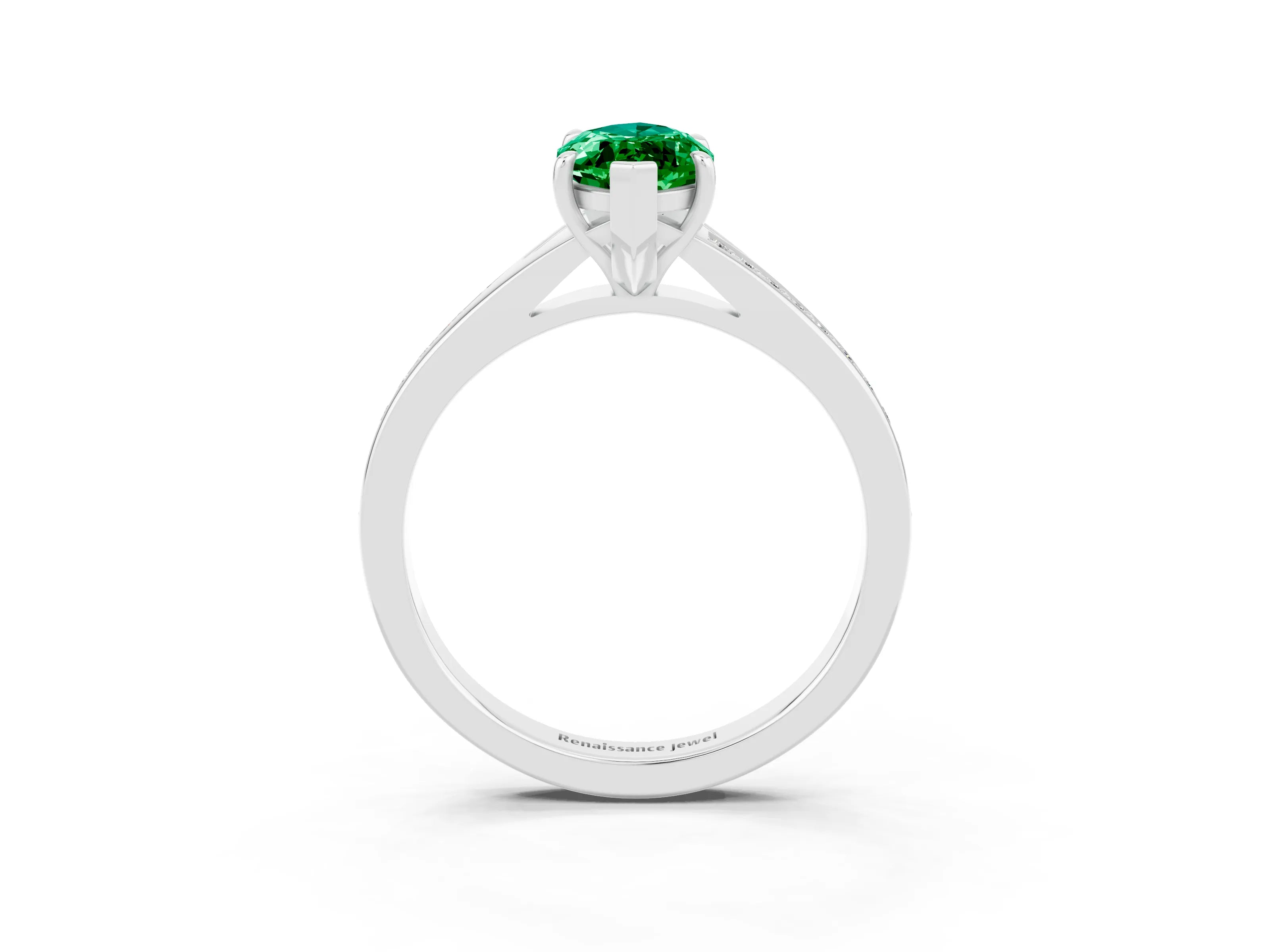 White gold Marquise Cut Emerald Solitaire Ring with Pavé Band and Prong Setting_15