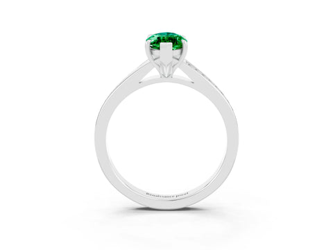 White gold Marquise Cut Emerald Solitaire Ring with Pavé Band and Prong Setting_15