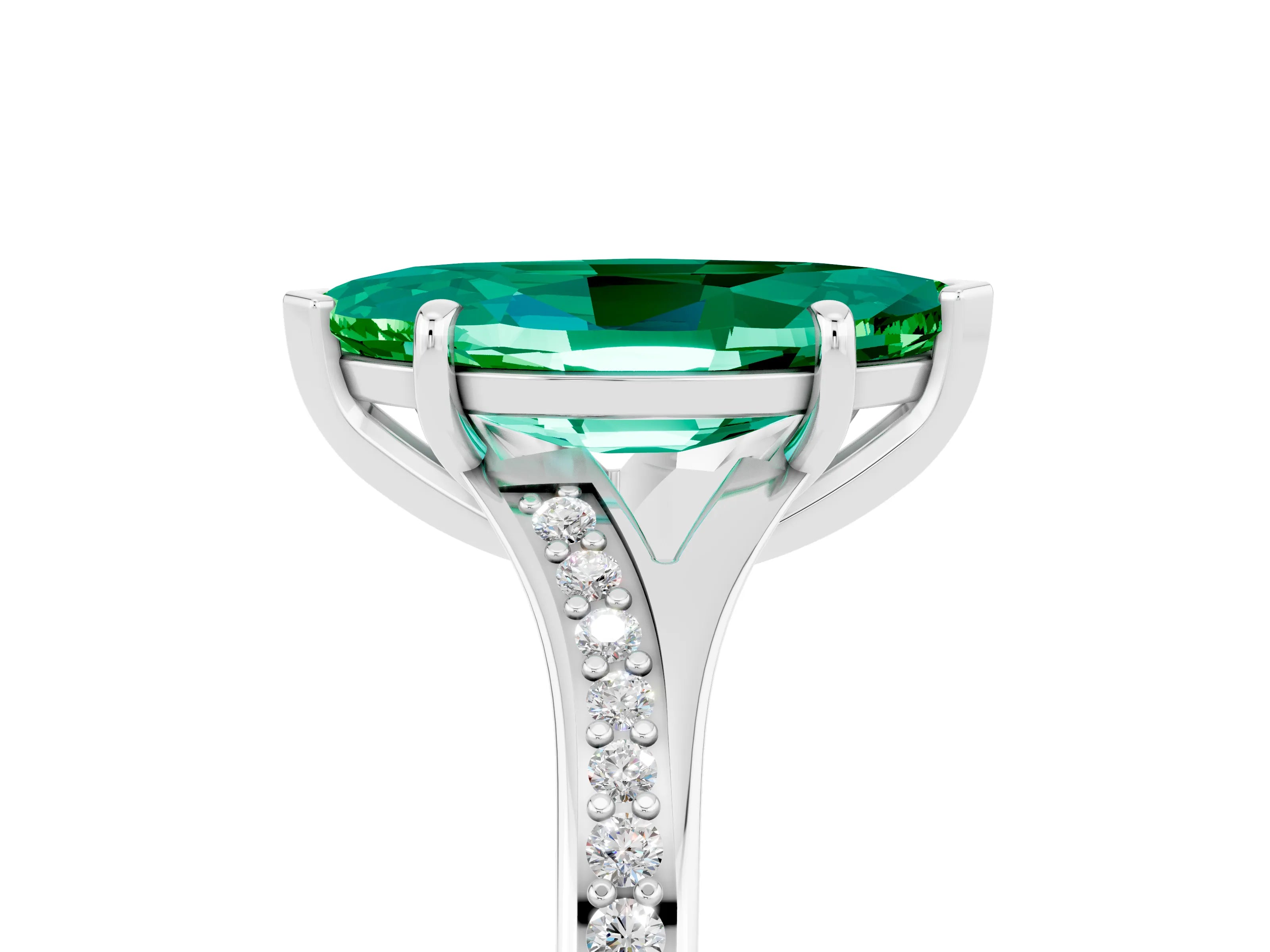 White gold Marquise Cut Emerald Solitaire Ring with Pavé Band and Prong Setting_17