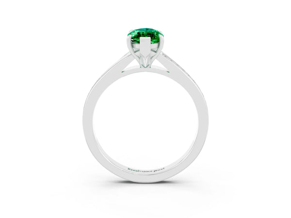 Platinum Marquise Cut Emerald Solitaire Ring with Pavé Band and Prong Setting