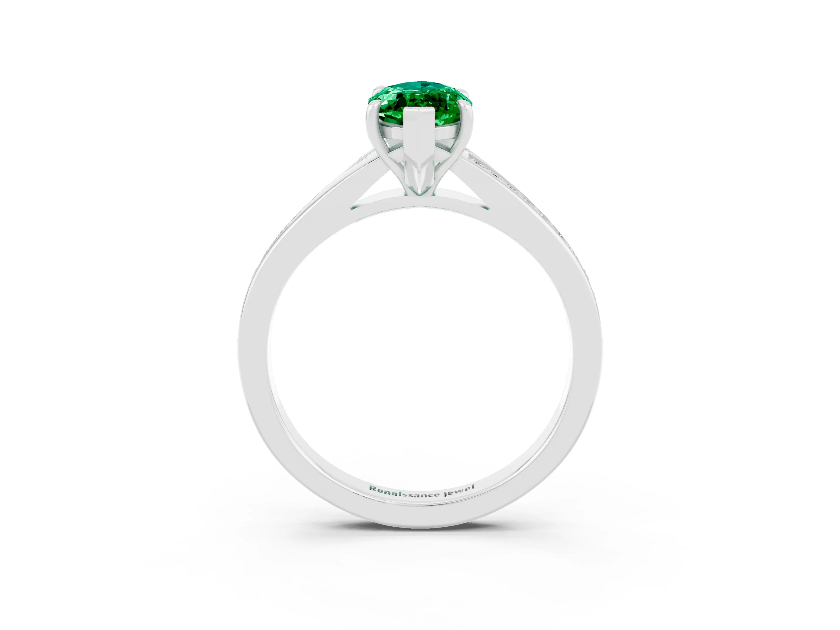 White gold Marquise Cut Emerald Solitaire Ring with Pavé Band and Prong Setting_3