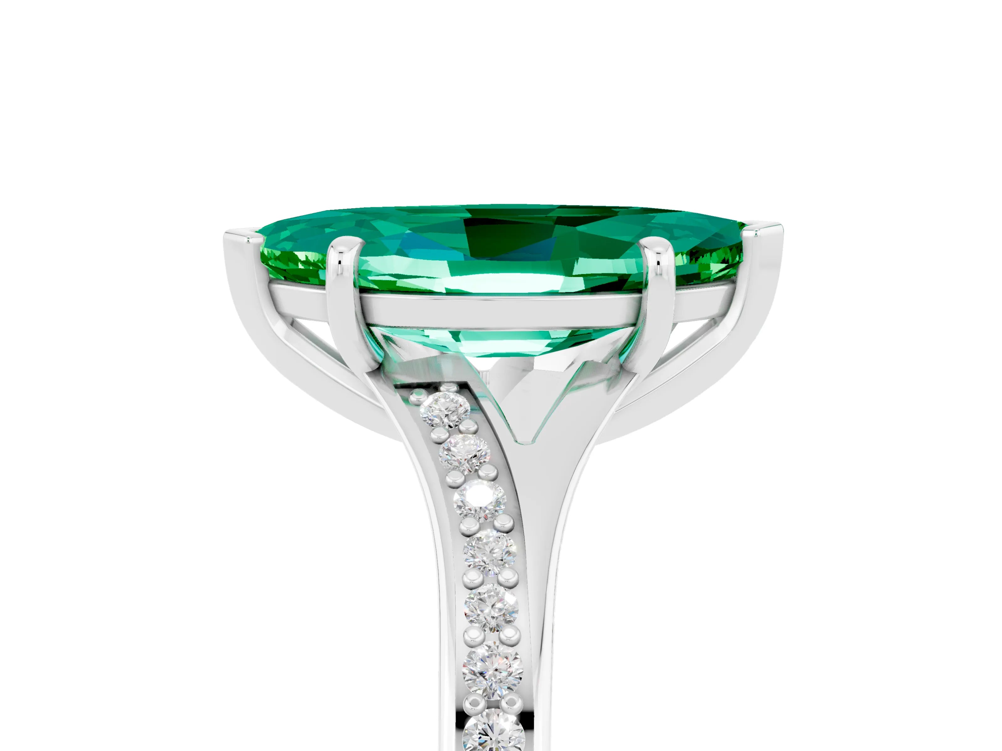 White gold Marquise Cut Emerald Solitaire Ring with Pavé Band and Prong Setting_5