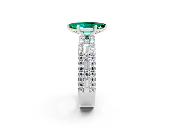 Silver Marquise Cut Emerald Solitaire Ring with Pavé and Channel Set Band