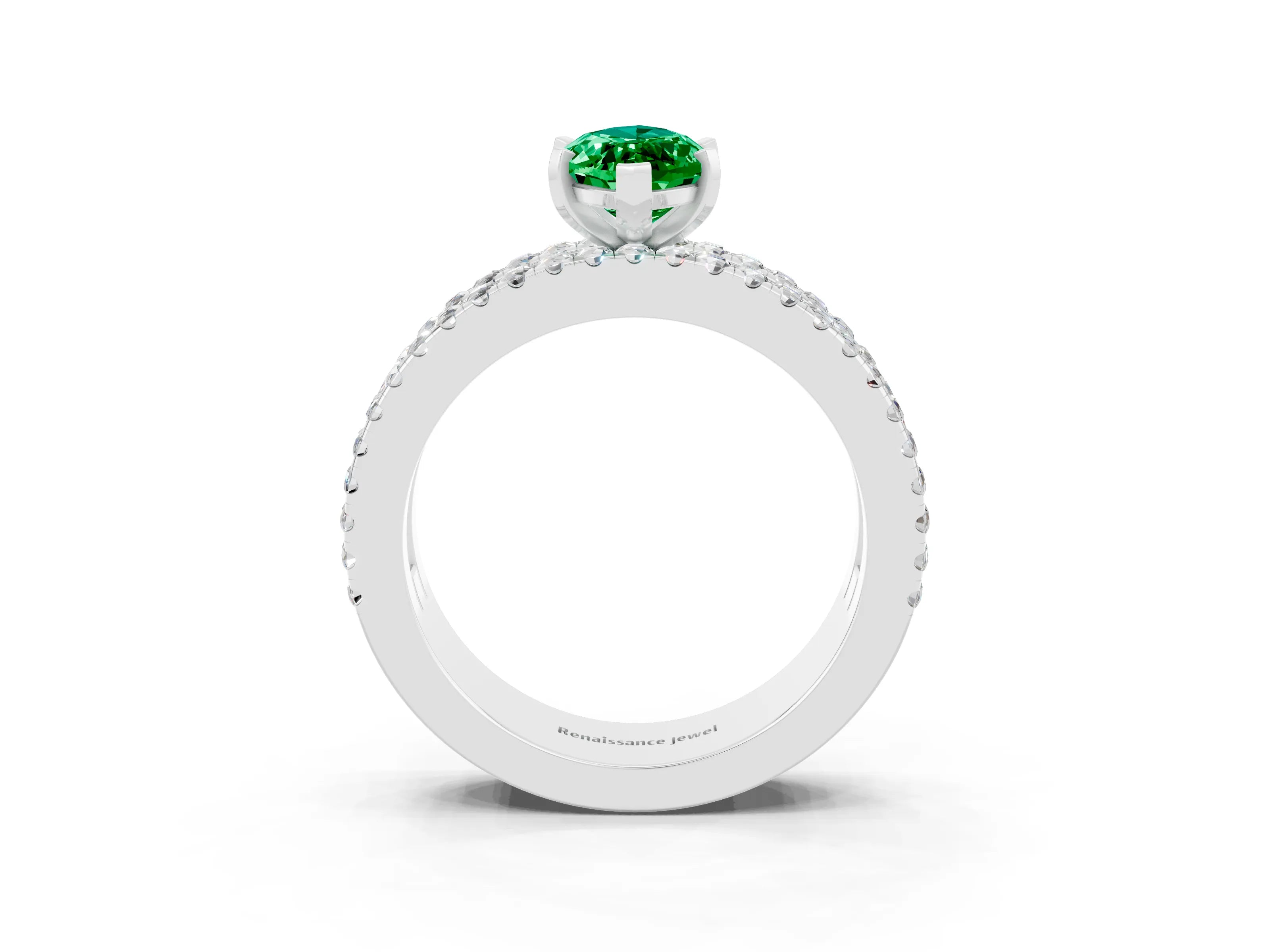 White gold Marquise Cut Emerald Solitaire Ring with Pavé and Channel Set Band_3