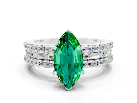 White gold Marquise Cut Emerald Solitaire Ring with Pavé and Channel Set Band