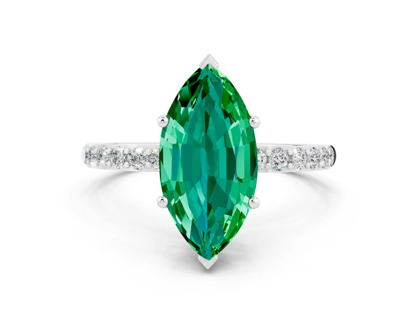 Platinum Marquise Cut Emerald Solitaire Ring with Round  Pavé Band and Prong Setting