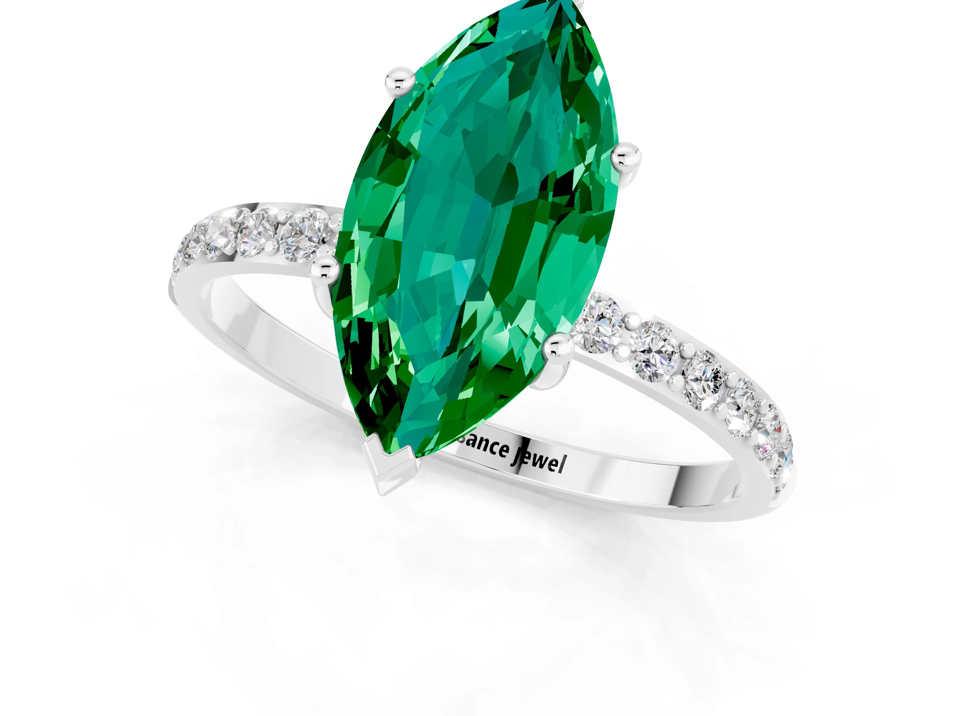 White gold Marquise Cut Emerald Solitaire Ring with Pave Band and Four Prong Setting_25