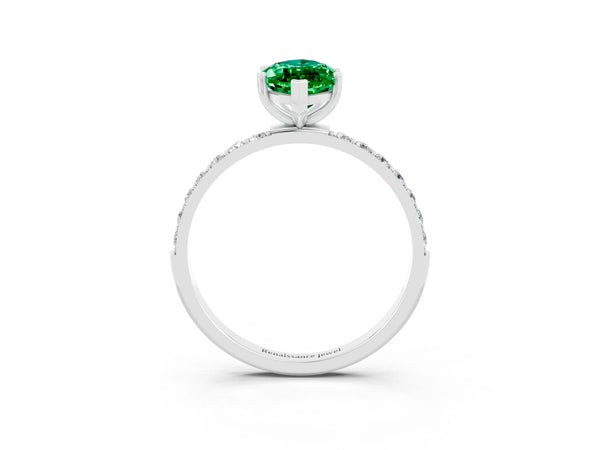 Platinum Marquise Cut Emerald Solitaire Ring with Round  Pavé Band and Prong Setting