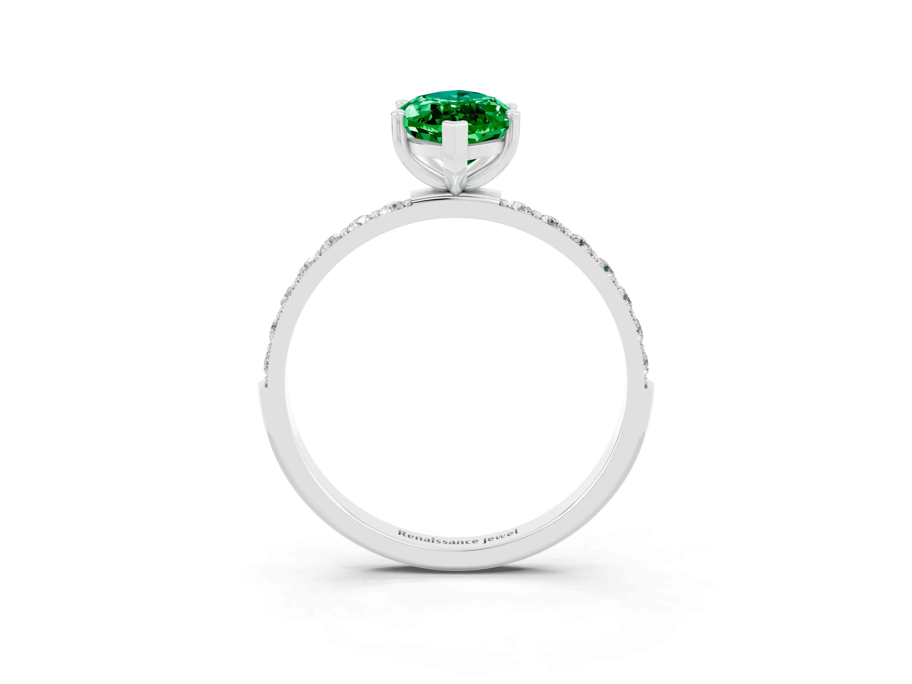 White gold Marquise Cut Emerald Solitaire Ring with Pave Band and Four Prong Setting_27