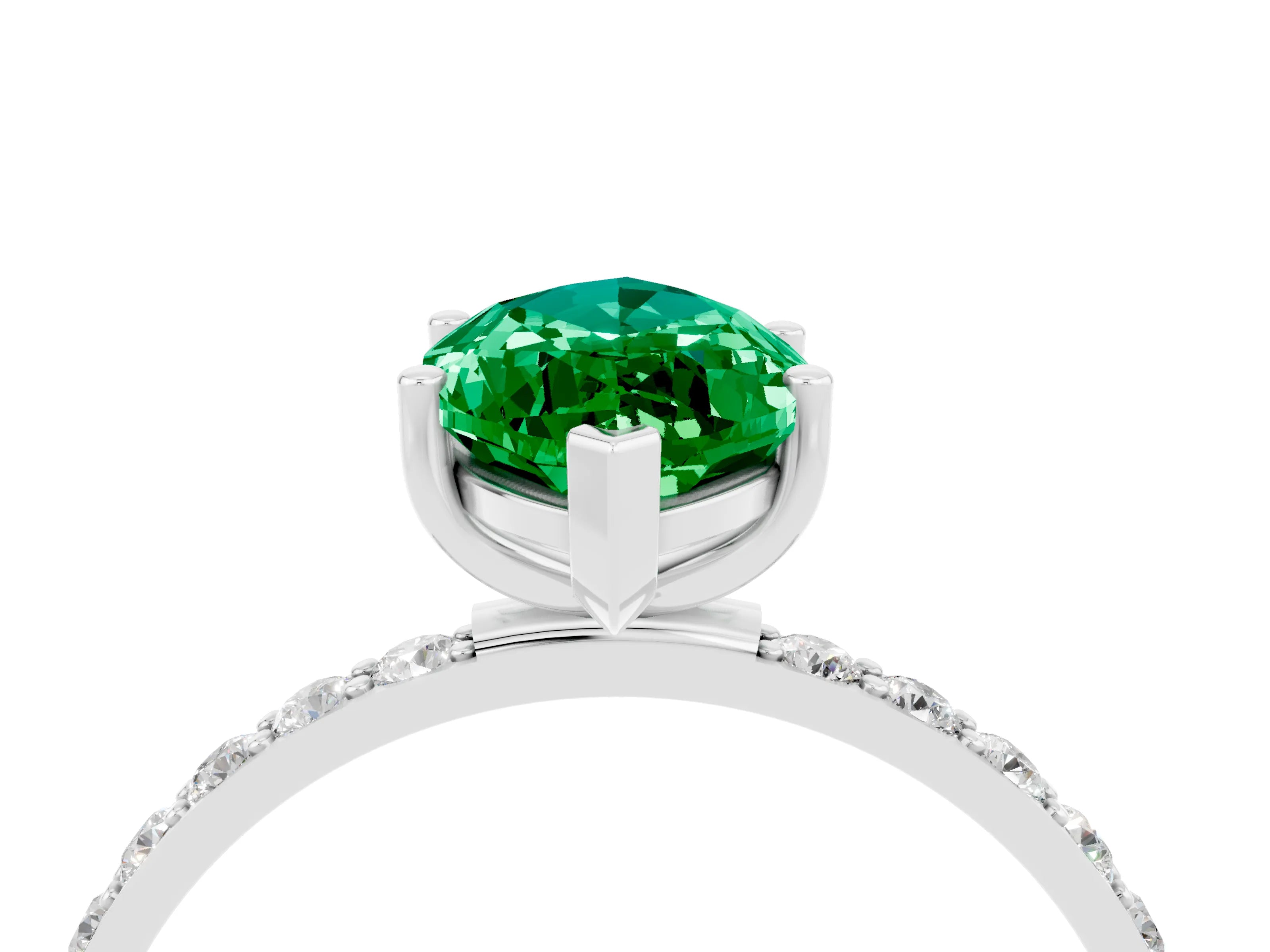 White gold Marquise Cut Emerald Solitaire Ring with Pave Band and Four Prong Setting_28