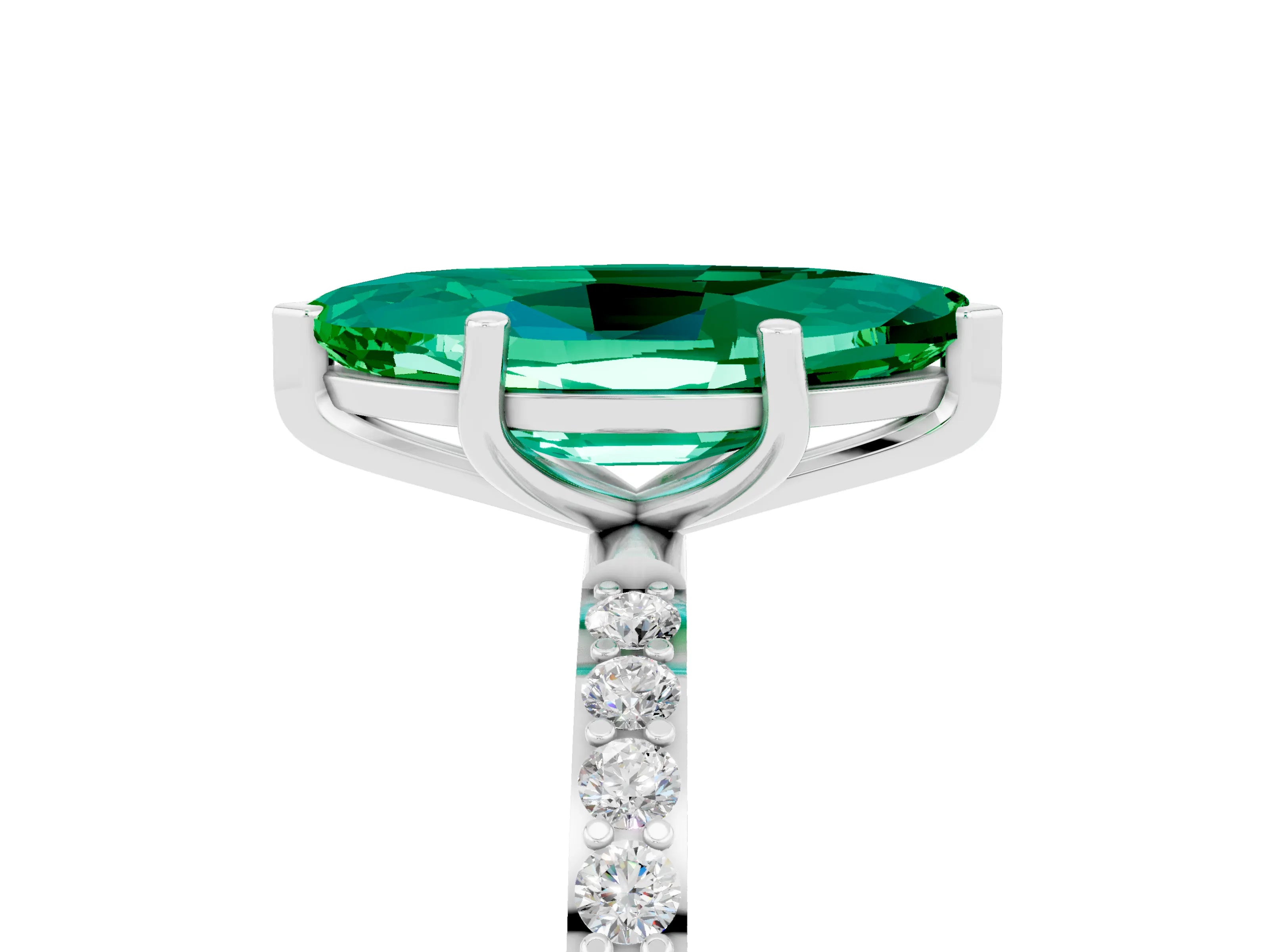 White gold Marquise Cut Emerald Solitaire Ring with Pave Band and Four Prong Setting_29