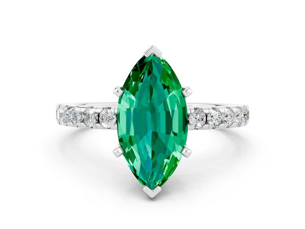 White gold Marquise Cut Emerald Solitaire Ring with Round  Pavé Band and Four-Prong Setting