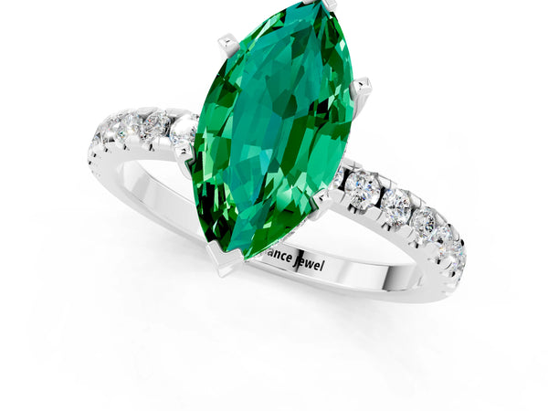 White gold Marquise Cut Emerald Solitaire Ring with Round  Pavé Band and Four-Prong Setting