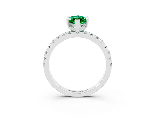 White gold Marquise Cut Emerald Solitaire Ring with Round  Pavé Band and Four-Prong Setting