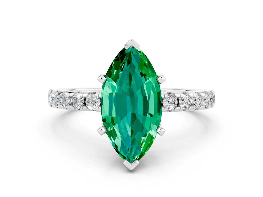 White gold Marquise Cut Emerald Solitaire Ring with Round  Pavé Band and Four-Prong Setting_48