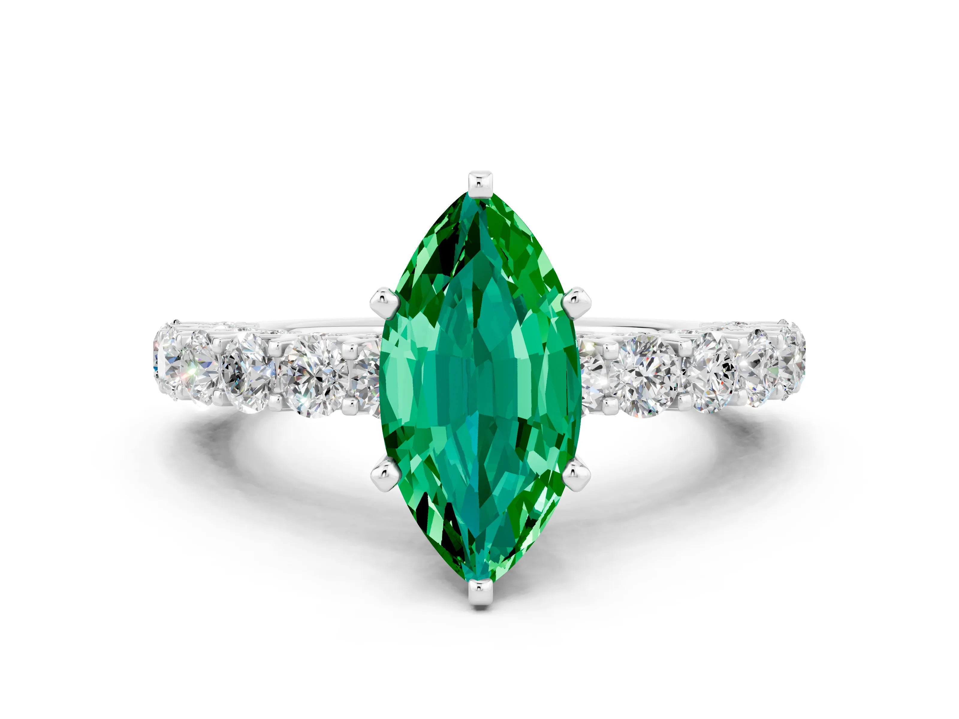 White gold Marquise Cut Emerald Solitaire Ring with Shared Prong Pavé Band and Four-Prong Setting