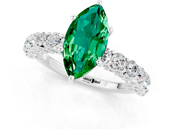 White gold Marquise Cut Emerald Solitaire Ring with Shared Prong Pavé Band and Four-Prong Setting