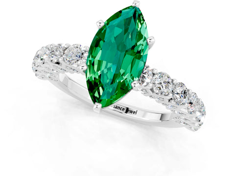 White gold Marquise Cut Emerald Solitaire Ring with Shared Prong Pavé Band and Four-Prong Setting_1