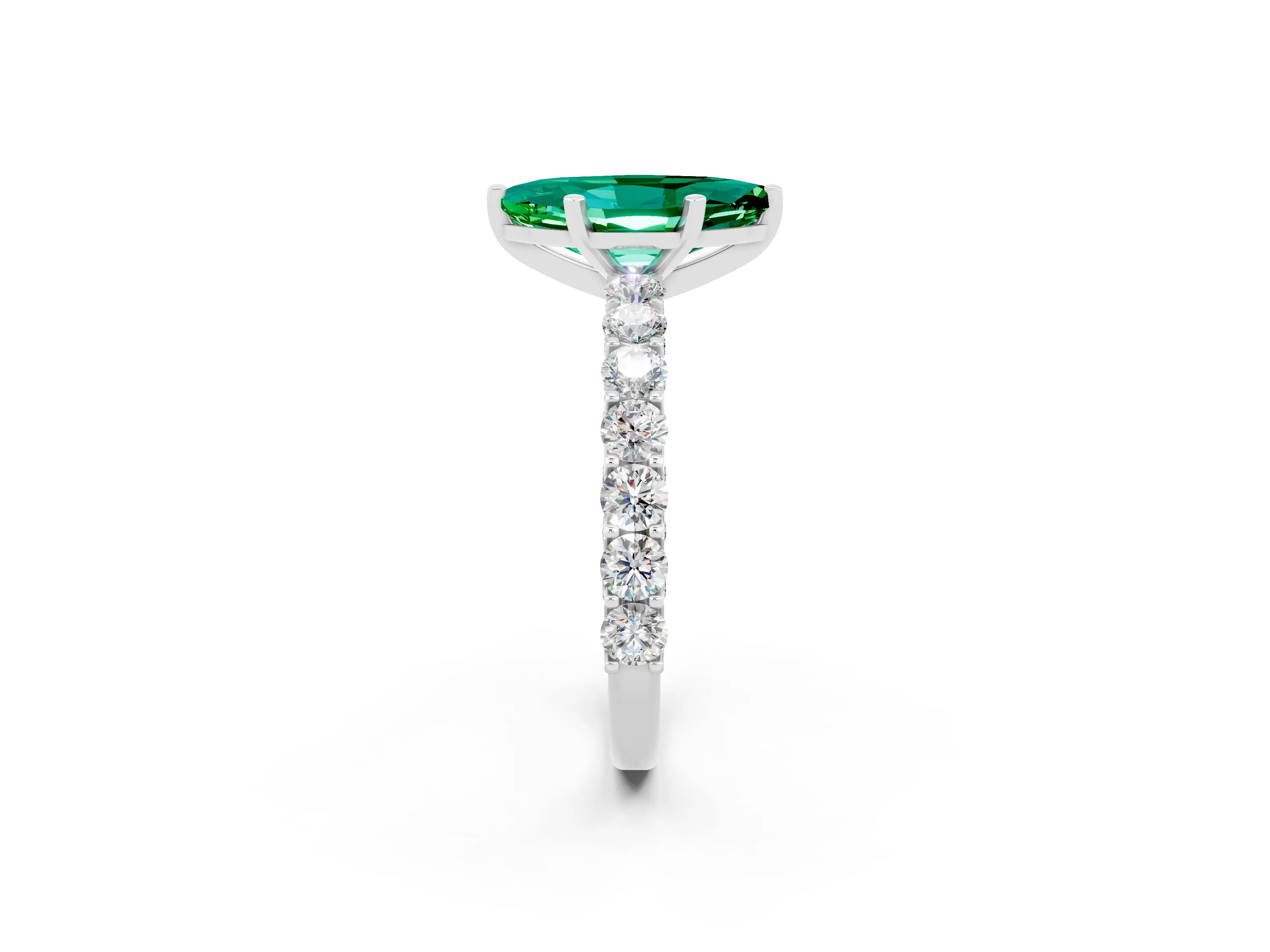White gold Marquise Cut Emerald Solitaire Ring with Shared Prong Pavé Band and Four-Prong Setting_2