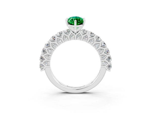 Platinum Marquise Cut Emerald Solitaire Ring with Shared Prong Pavé Band and Four-Prong Setting