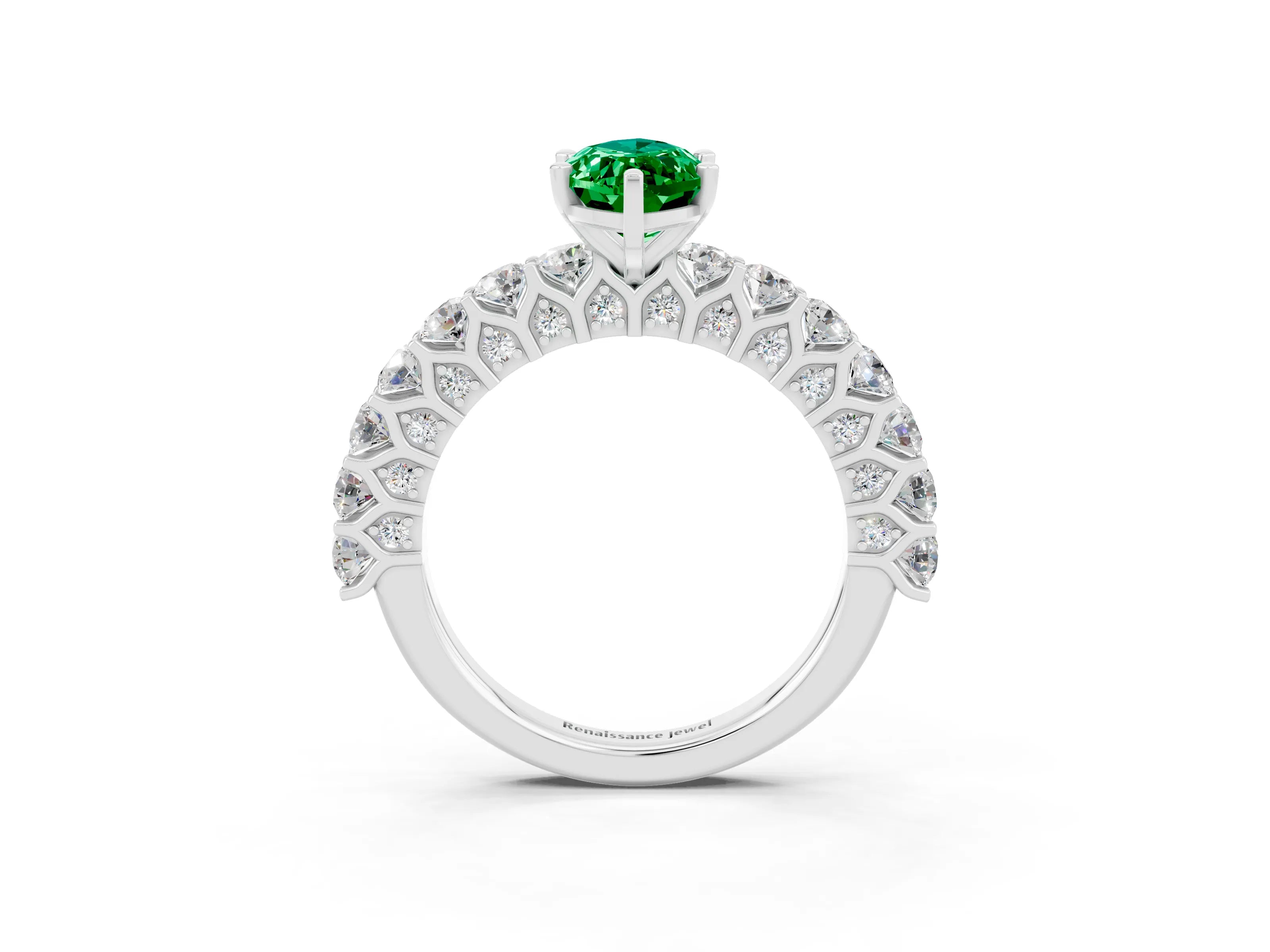 White gold Marquise Cut Emerald Solitaire Ring with Shared Prong Pavé Band and Four-Prong Setting_3