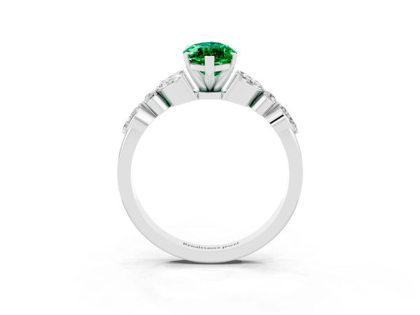 Platinum Marquise Cut Emerald Solitaire Ring with Side Stones and Four-Prong Setting