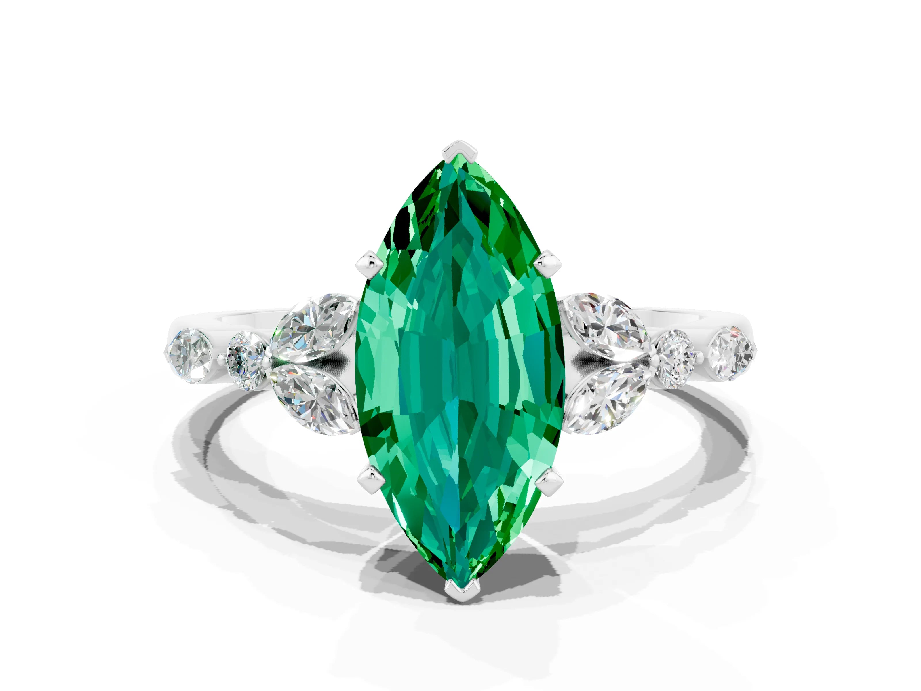 White gold Marquise Cut Emerald Solitaire Ring with Side Stones and Four-Prong Setting_24
